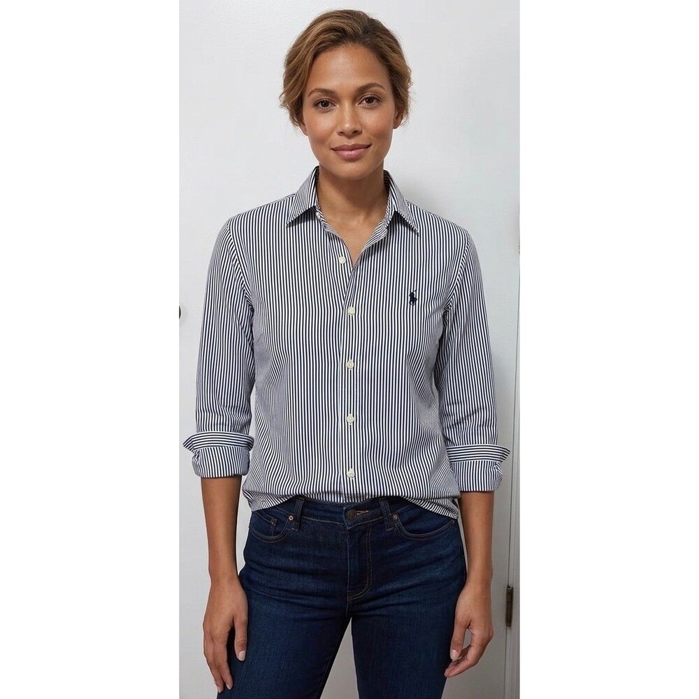Ralph Lauren Women’s Black And White Striped Button Down Slim Fit Size XL